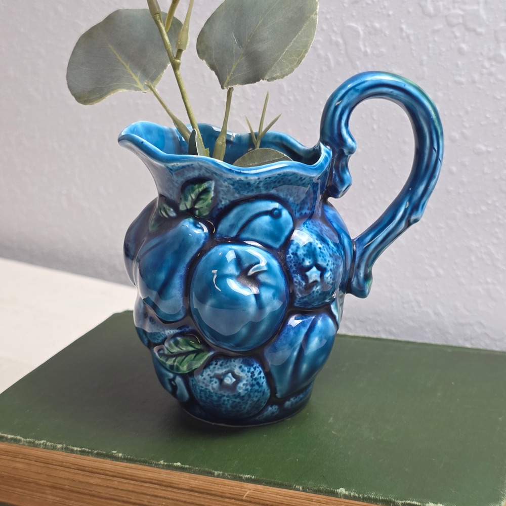 Vintage‎ Inarco "Mood Indigo" Vibrant Blue & Green Creamer Pitcher Raised Fruit